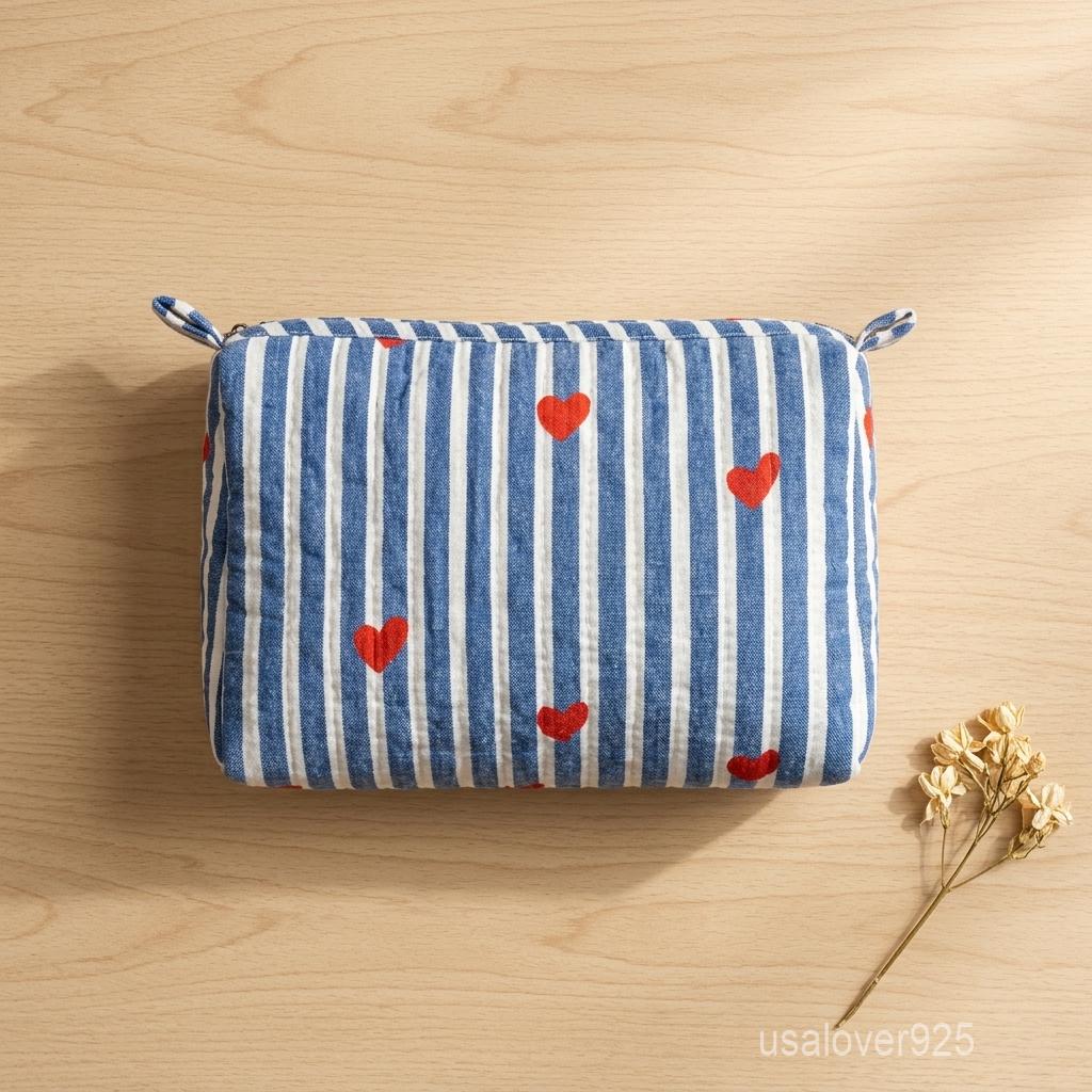 Blue Heart Makeup Pouch Set, Quilted Cotton Organizers, Striped Toiletry Cases, Travel Cosmetic Trio