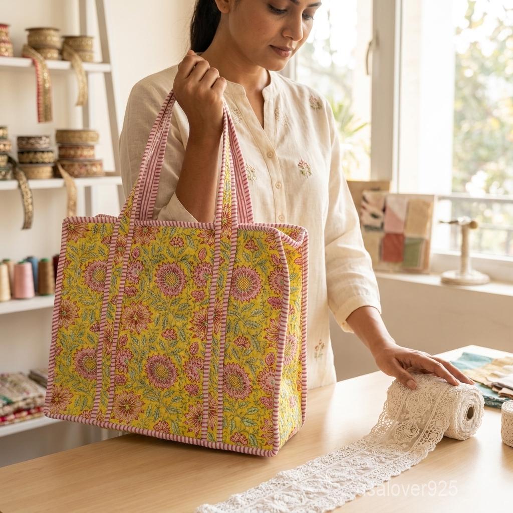 Sunflower Quilted Tote Bag, Yellow Block Print Cotton Shopper, Pink Strap Shoulder Purse