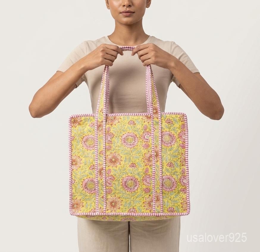 Sunflower Quilted Tote Bag, Yellow Block Print Cotton Shopper, Pink Strap Shoulder Purse