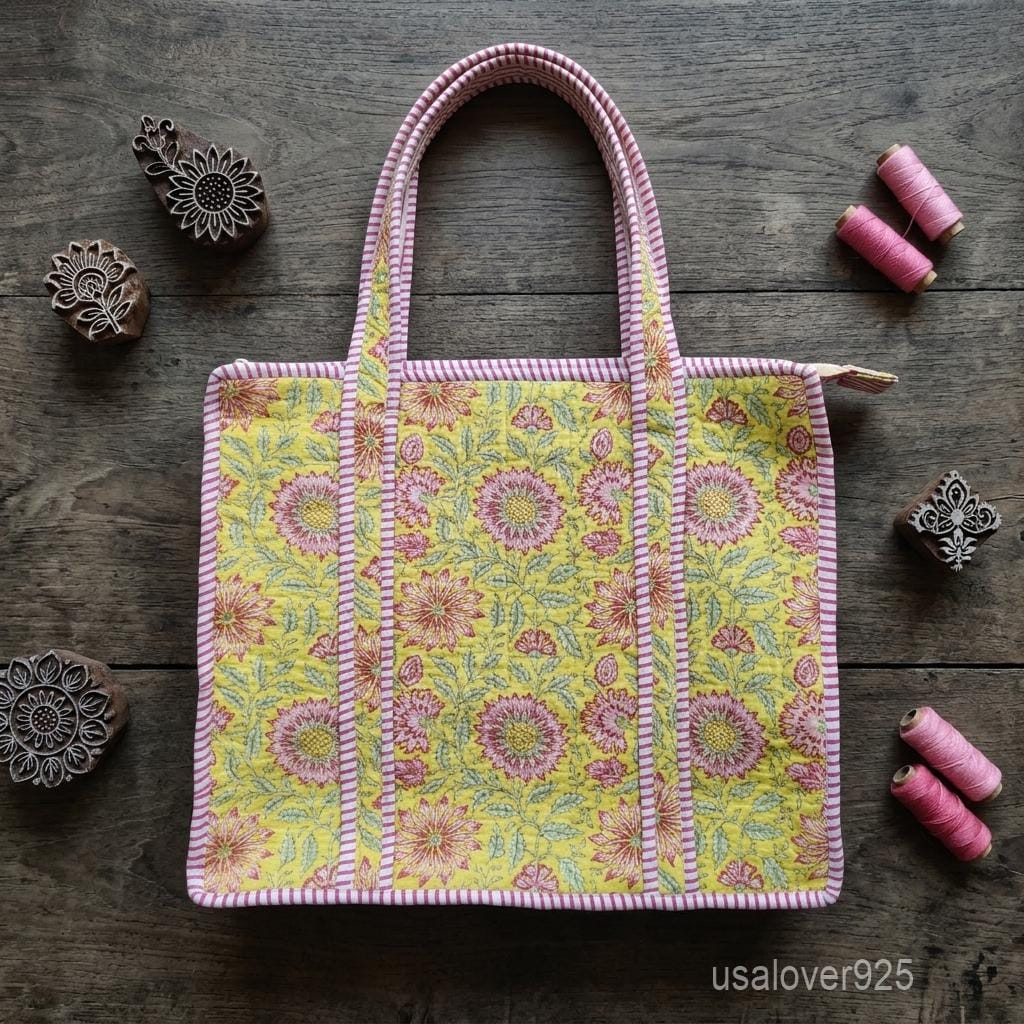 Sunflower Quilted Tote Bag, Yellow Block Print Cotton Shopper, Pink Strap Shoulder Purse