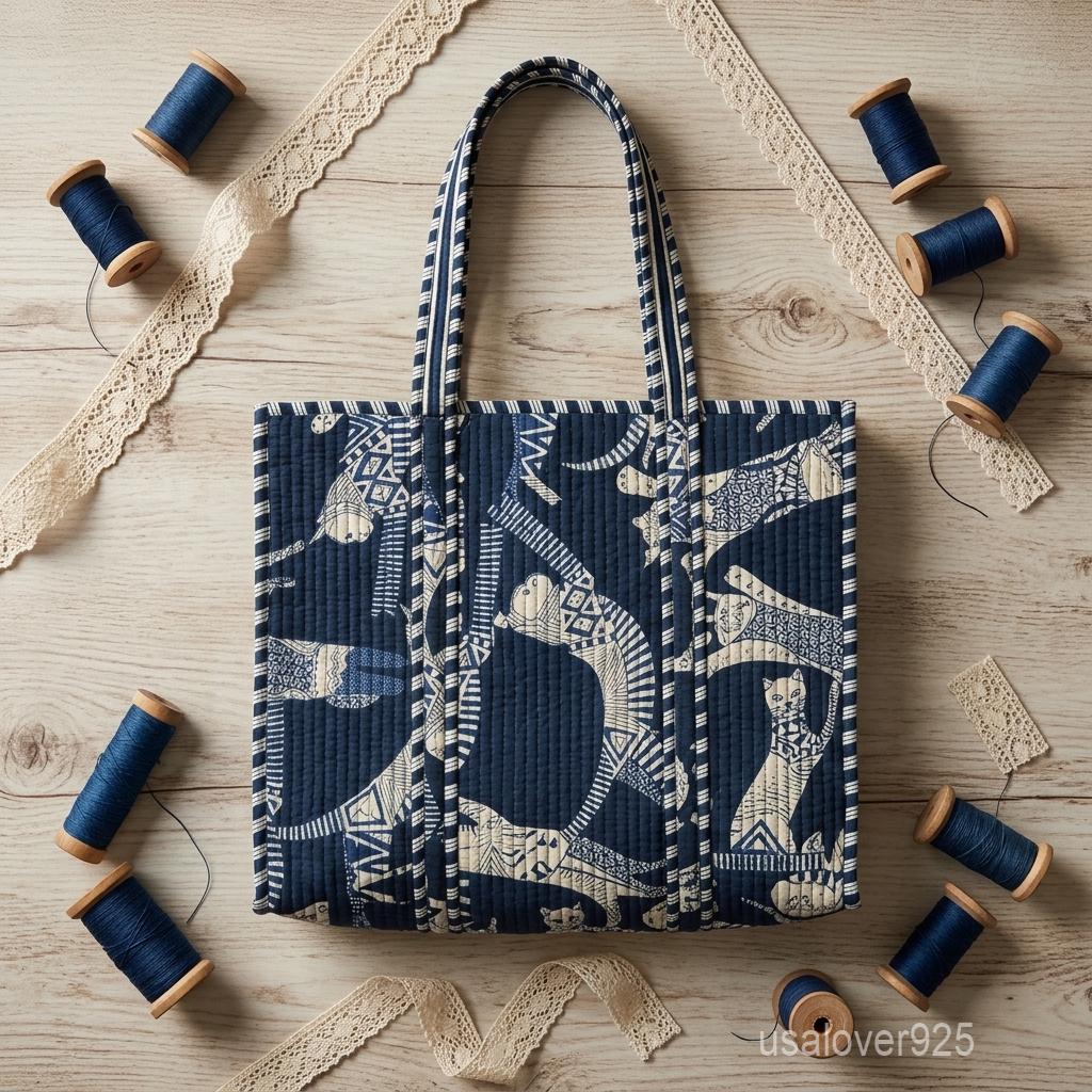 Indigo Cat Quilted Cotton Tote Bag, Block Print Shoulder Purse, Handmade Feline Market Bag