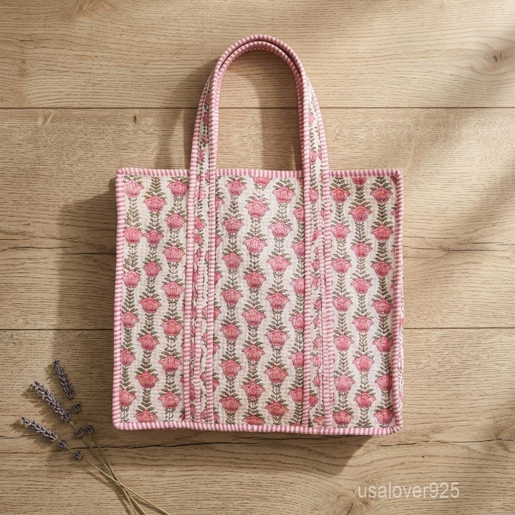 Pink Floral Quilted Tote Bag - Hand Block Print Cotton Shoulder Carryall