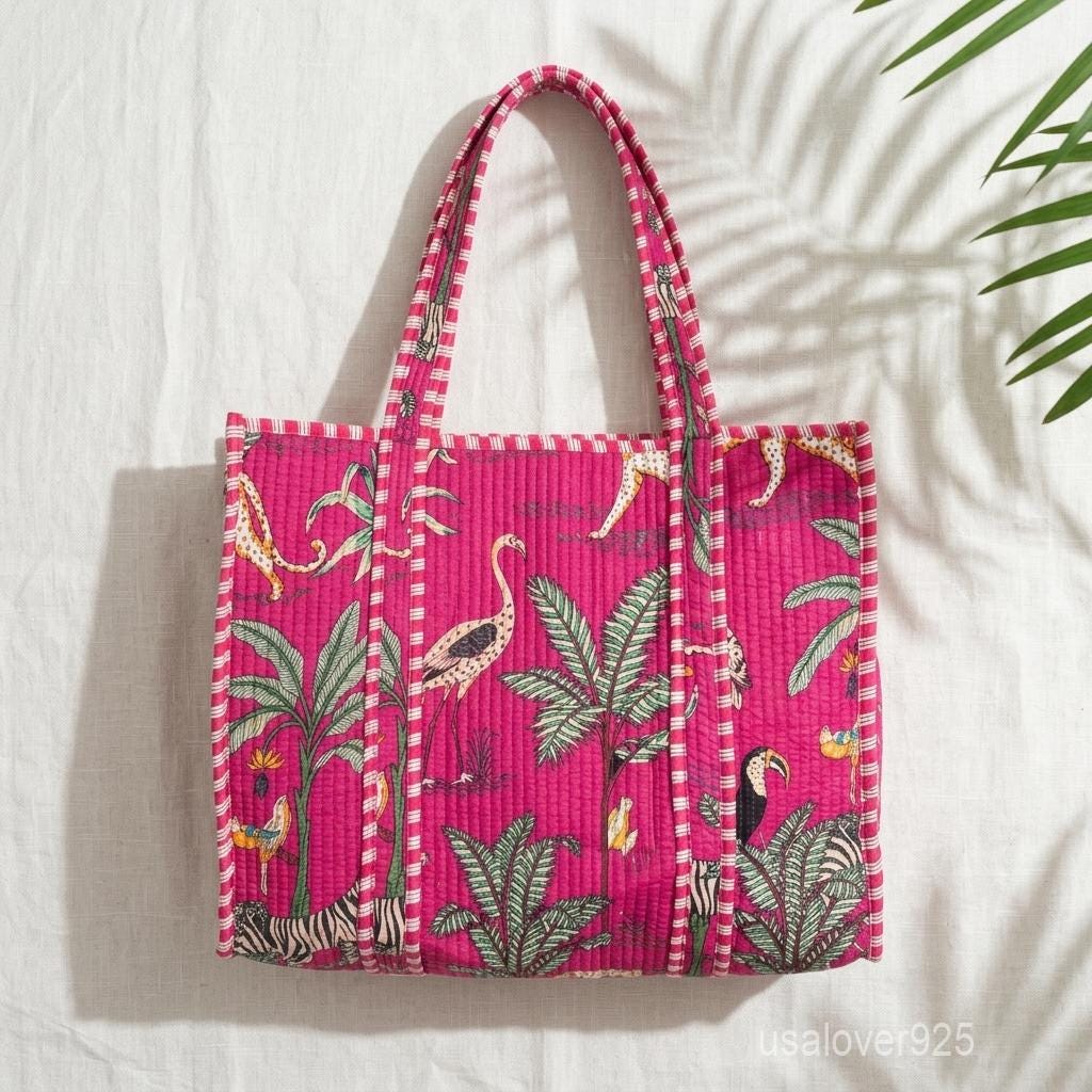 Pink Tropical Animal Print Quilted Tote Bag - Leopard and Flamingo Jungle Pattern Handbag