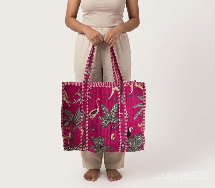 Pink Tropical Animal Print Quilted Tote Bag - Leopard and Flamingo Jungle Pattern Handbag
