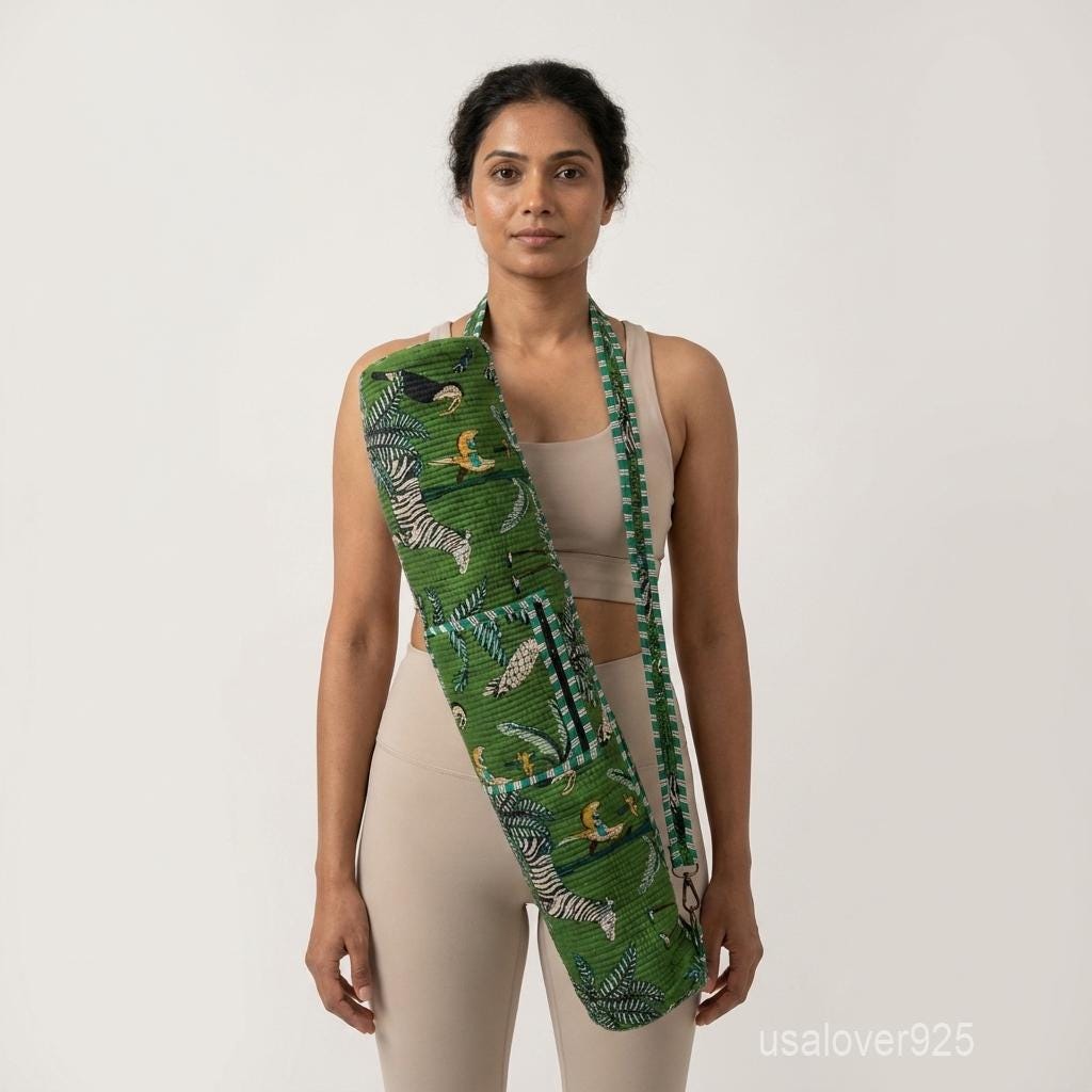 Green Tropical Safari Yoga Mat Bag - Quilted Cotton Hand Block Print Pilates Carrier