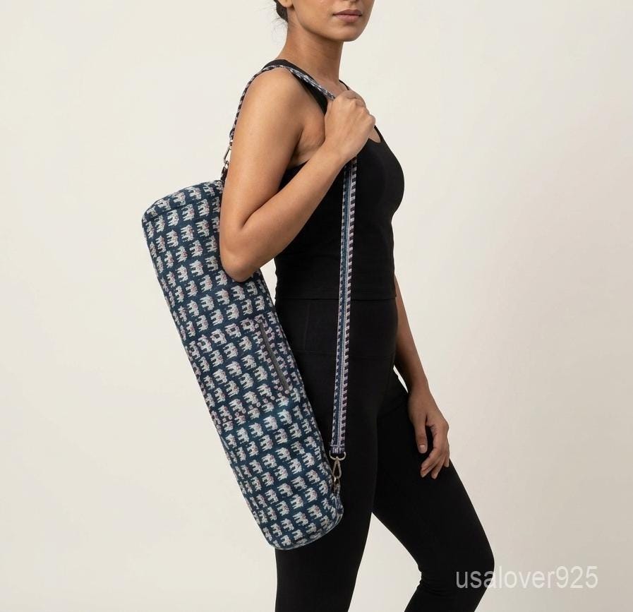 Elephant Print Quilted Yoga Mat Bag - Indigo Cotton Carrier Adjustable Strap