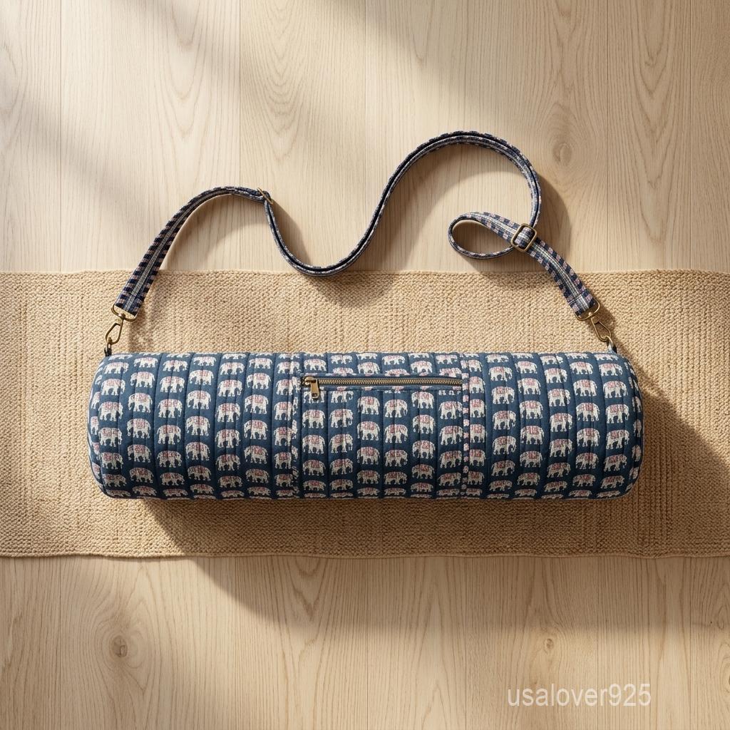 Elephant Print Quilted Yoga Mat Bag - Indigo Cotton Carrier Adjustable Strap