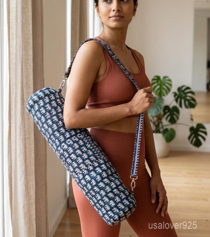 Elephant Print Quilted Yoga Mat Bag - Indigo Cotton Carrier Adjustable Strap
