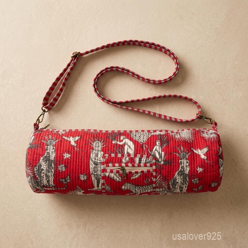 Red Safari Yoga Bag, Quilted Cotton Mat Carrier, Adjustable Pilates Tote Handmade