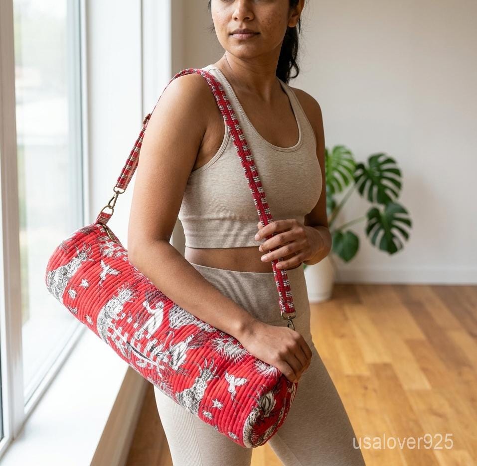 Red Safari Yoga Bag, Quilted Cotton Mat Carrier, Adjustable Pilates Tote Handmade