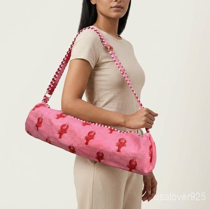 Lobster Print Yoga Bag, Quilted Cotton Mat Carrier, Adjustable Pilates Tote Handmade