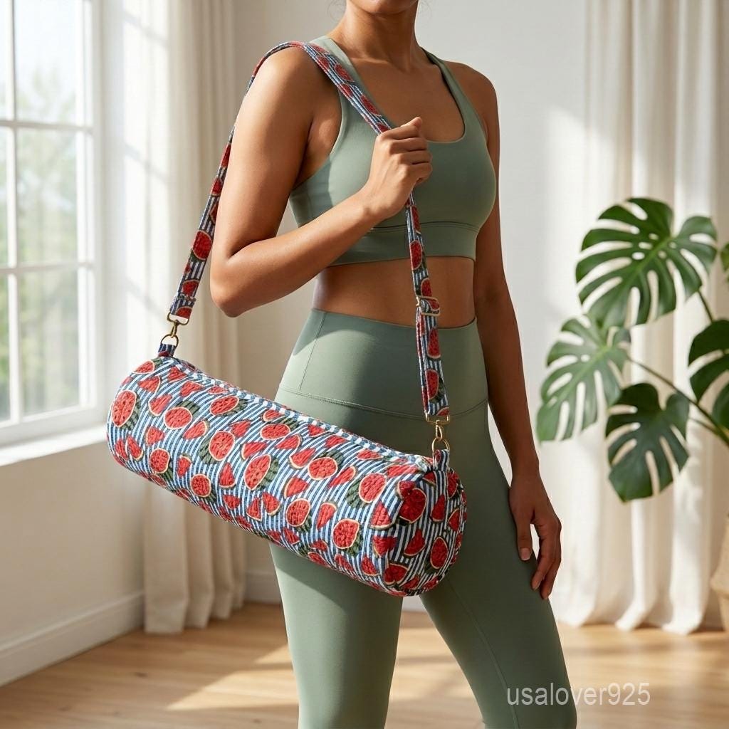 Watermelon Fruit Quilted Cotton Yoga Mat Bag - Striped Hand Block Print Pilates Carrier
