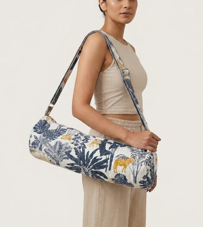 Indigo Gold Tiger Quilted Yoga Mat Bag - Safari Cotton Carrier Strap - Hand Block Print