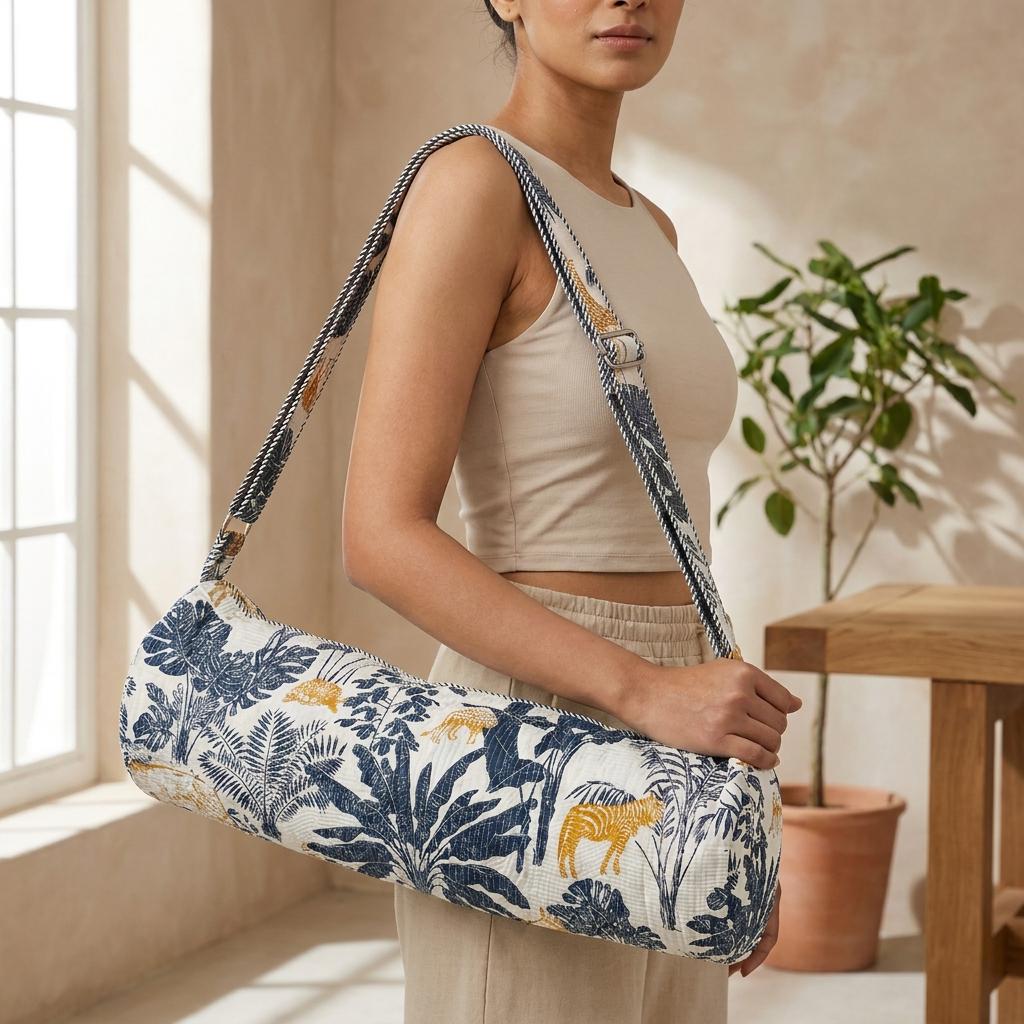 Indigo Gold Tiger Quilted Yoga Mat Bag - Safari Cotton Carrier Strap - Hand Block Print