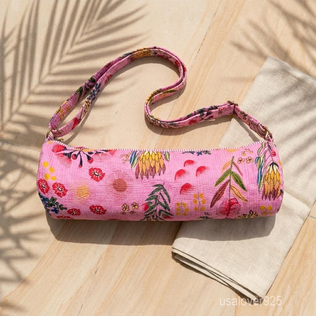 Handmade Pink Floral Quilted Cotton Yoga Mat Bag With Strap Travel Gym Pilates Carrier