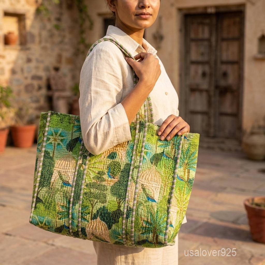 Handmade Quilted Cotton Tote Bag Mughal Garden Peacock Print Indian Block Large Market Shopper