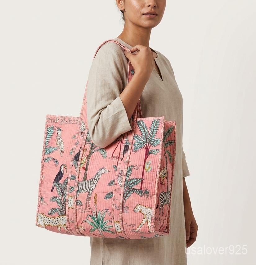 Handmade Pink Quilted Cotton Tote Bag Jungle Safari Animal Print Large Beach Market Shopper