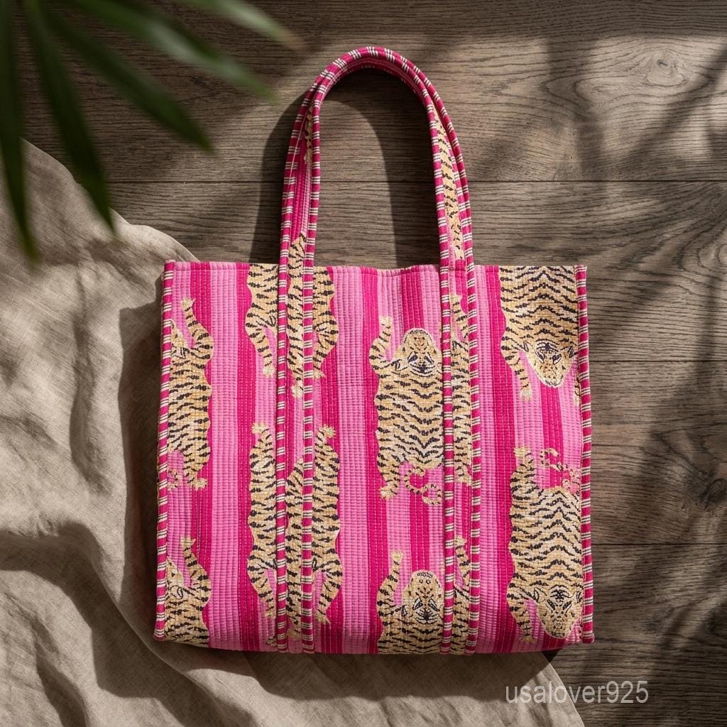 Handmade Pink Quilted Cotton Tote Bag Tiger Stripe Print Large Beach Market Boho Shopper