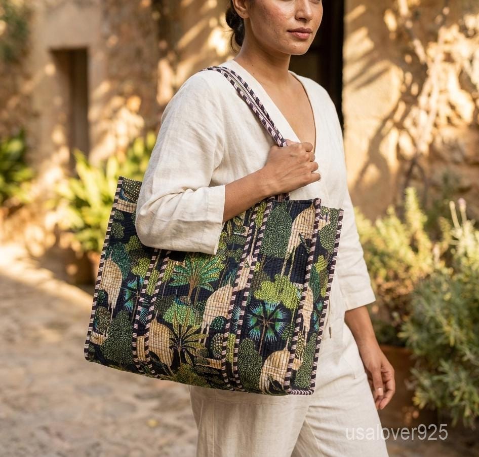 Black Peacock Palace Quilted Tote Bag - Heritage Garden Cotton Shoulder Carryall