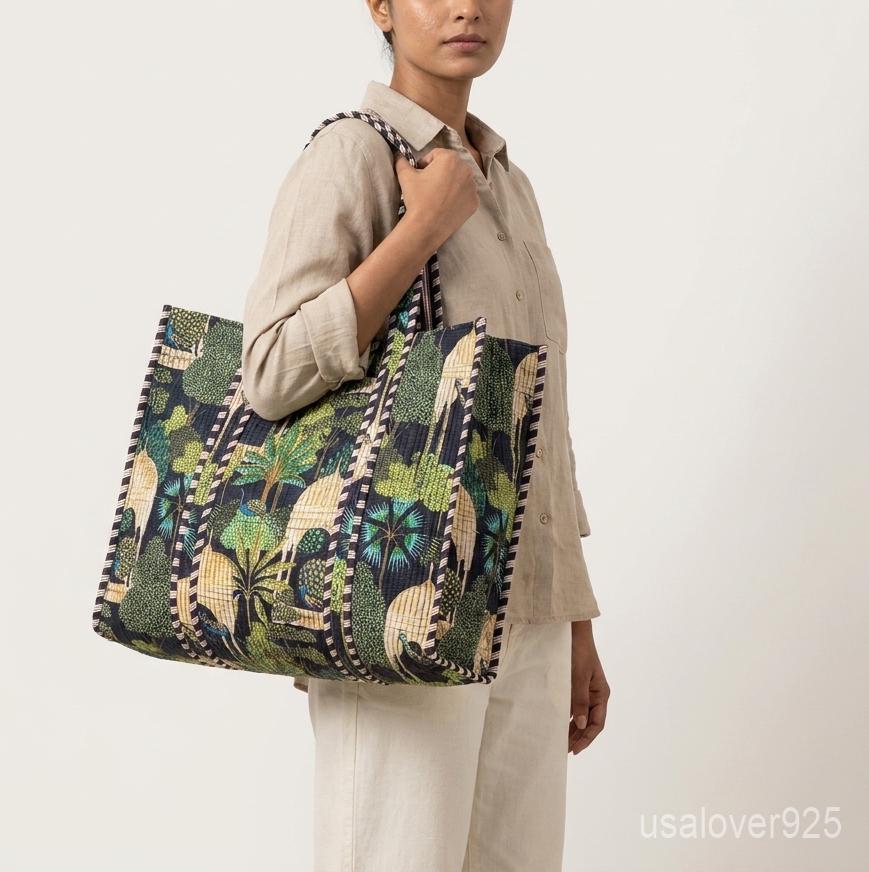 Black Peacock Palace Quilted Tote Bag - Heritage Garden Cotton Shoulder Carryall