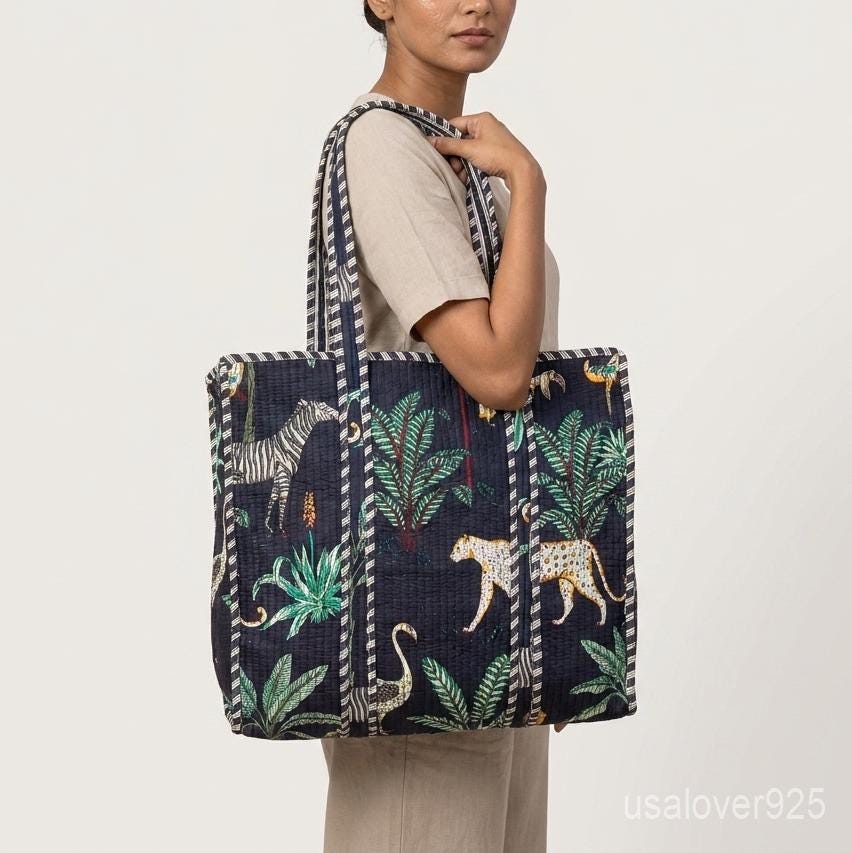 Handmade Quilted Cotton Tote Bag Jungle Safari Leopard Zebra Print Large Beach Shopper