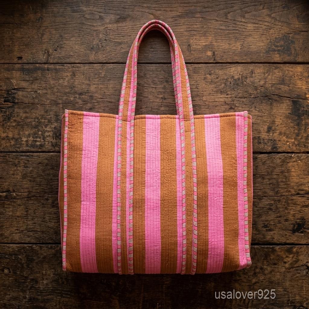Handmade Pink Brown Stripe Quilted Cotton Tote Bag Large Beach Market Boho Shopper Gift