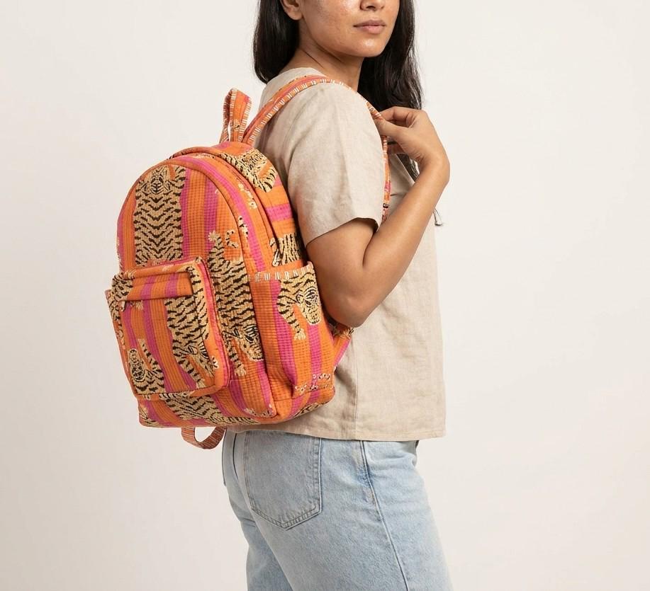 Quilted Pink Orange Tiger Cotton Backpack Handmade Travel School Bag Gift For Her Boho