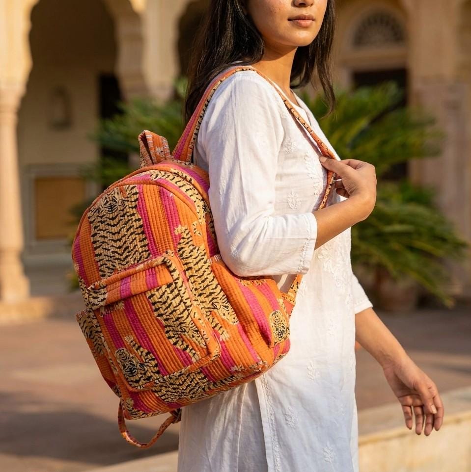 Quilted Pink Orange Tiger Cotton Backpack Handmade Travel School Bag Gift For Her Boho