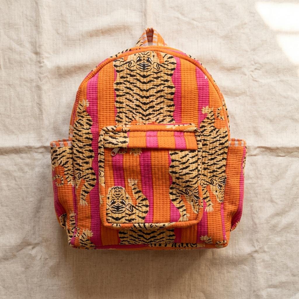 Quilted Pink Orange Tiger Cotton Backpack Handmade Travel School Bag Gift For Her Boho