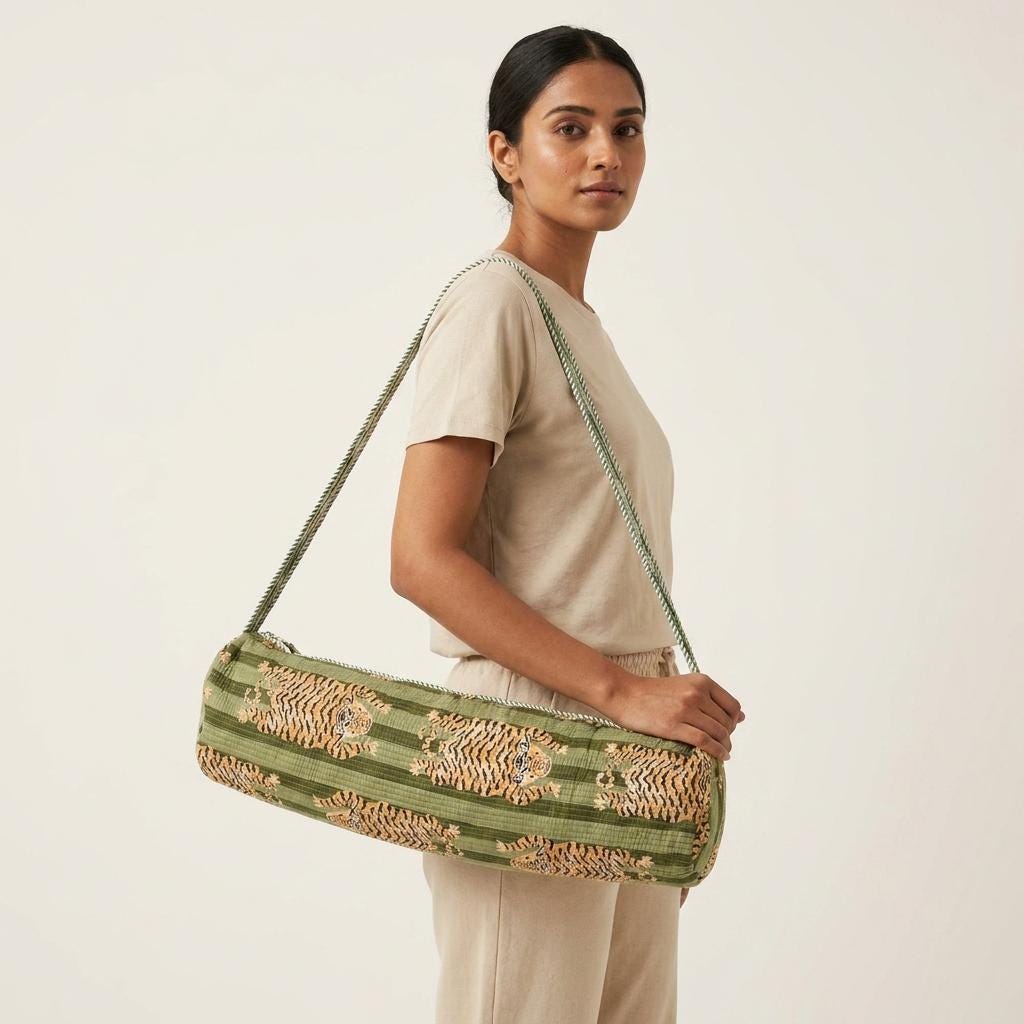 Quilted Green Tiger Cotton Yoga Mat Bag Handmade Pilates Carrier Sling Purse Gift Her