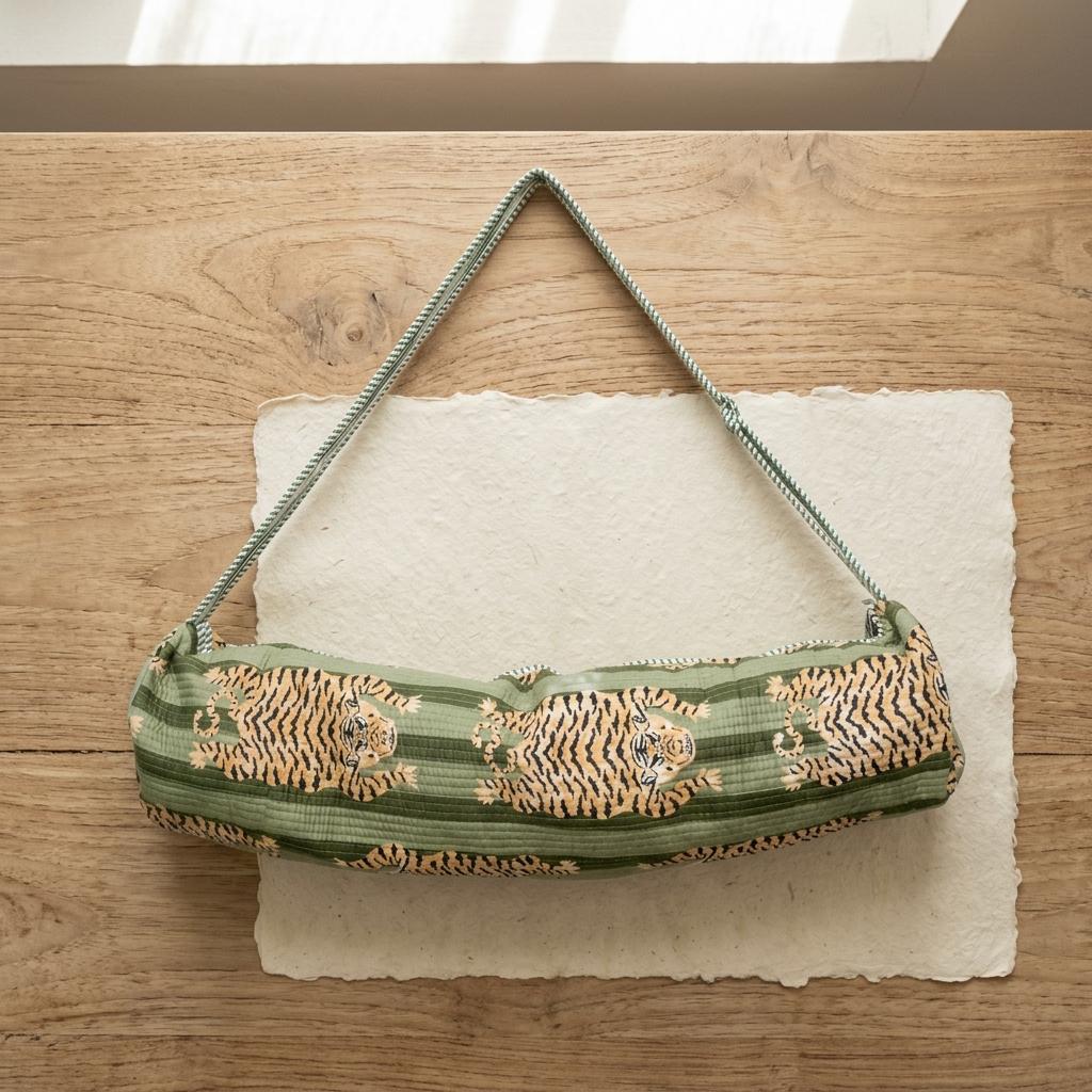 Quilted Green Tiger Cotton Yoga Mat Bag Handmade Pilates Carrier Sling Purse Gift Her