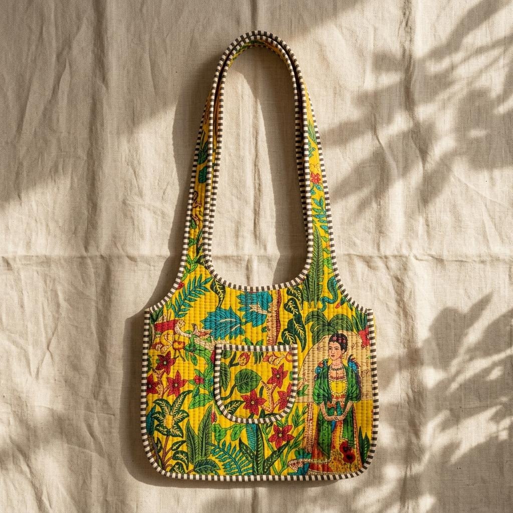 Quilted Cotton Frida Tropical Print Hobo Tote Bag Yellow Handmade Shoulder Shopper Women