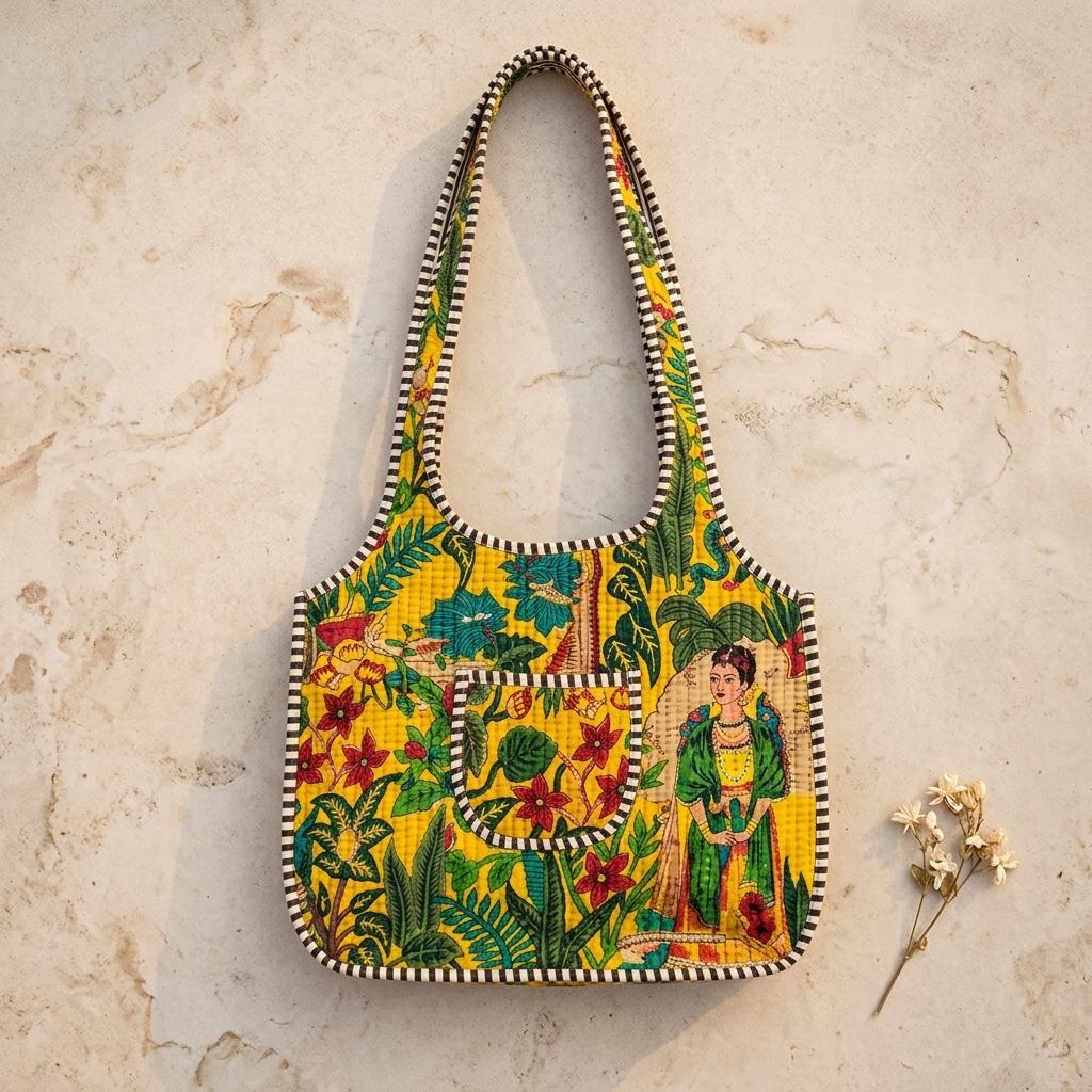 Quilted Cotton Frida Tropical Print Hobo Tote Bag Yellow Handmade Shoulder Shopper Women