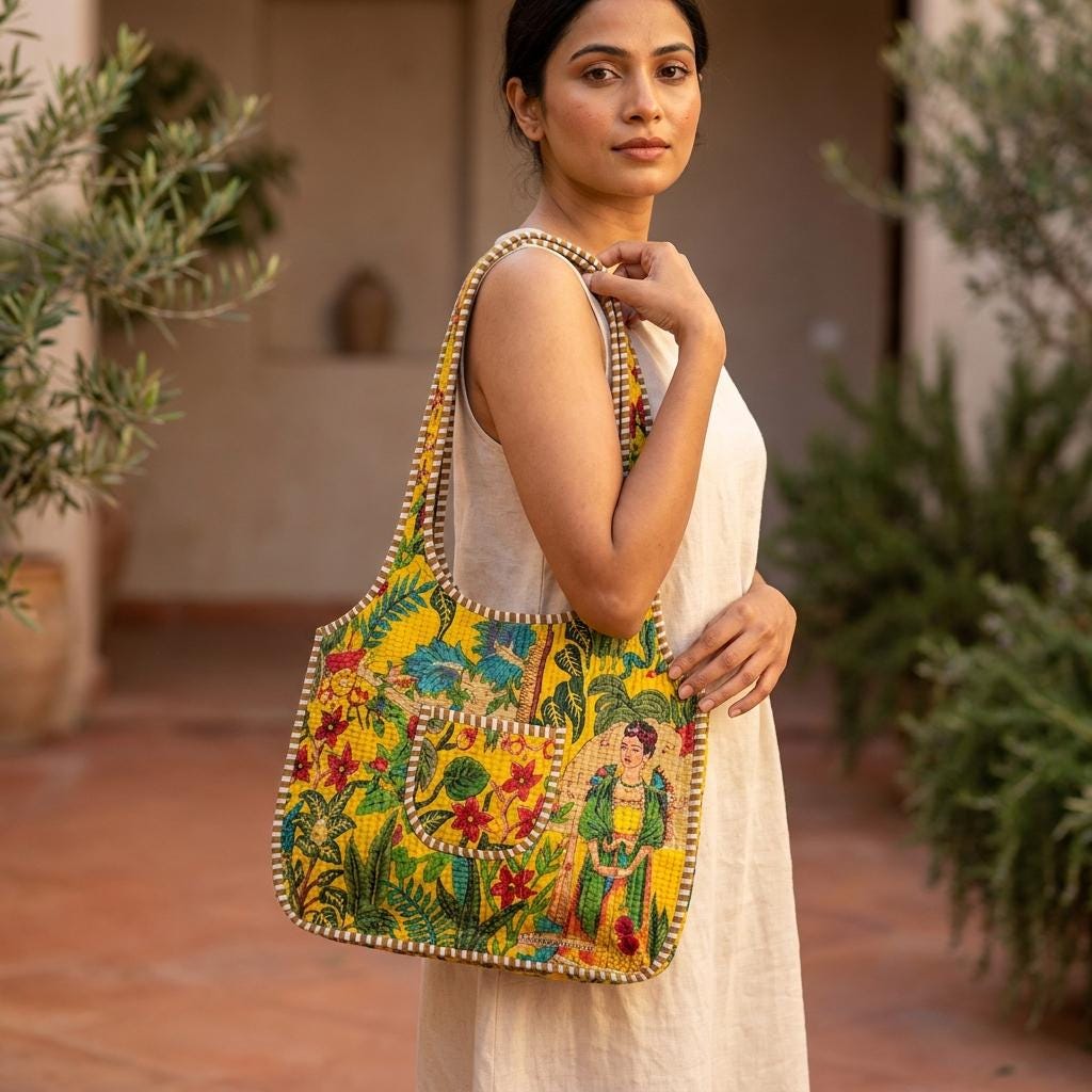 Quilted Cotton Frida Tropical Print Hobo Tote Bag Yellow Handmade Shoulder Shopper Women