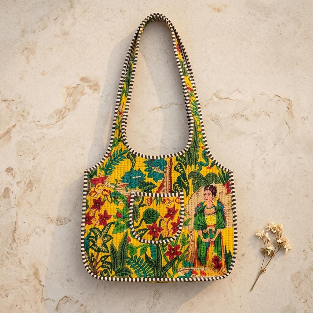Quilted Cotton Frida Tropical Print Hobo Tote Bag Yellow Handmade Shoulder Shopper Women
