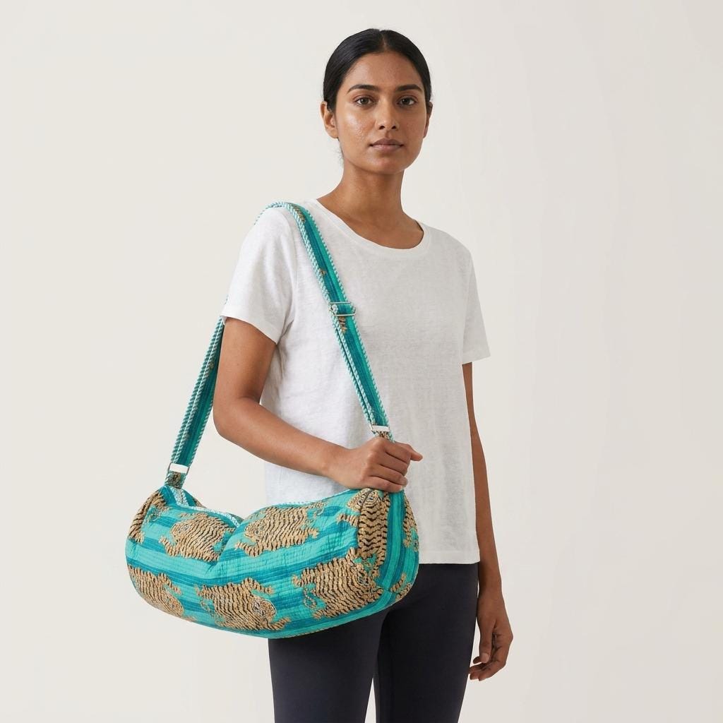 Quilted Cotton Tiger Print Yoga Mat Bag Turquoise Striped Handmade Gym Carry Strap