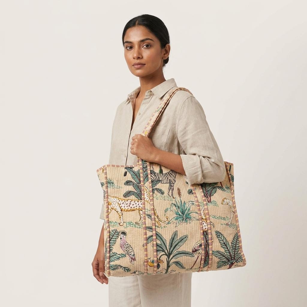Quilted Cotton Safari Animal Print Tote Bag Zebra Jungle Handmade Shopper Women