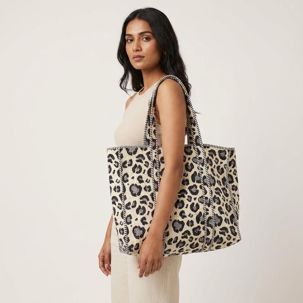 Quilted Leopard Print Cotton Tote Bag Handmade Animal Pattern Large Shoulder Market Bag Gift