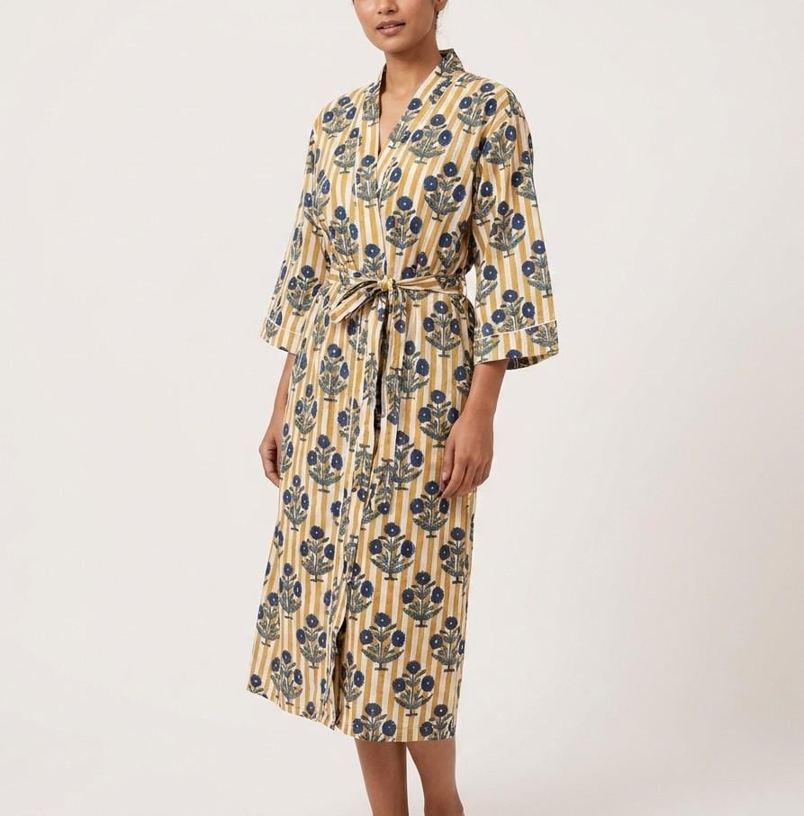 Women Mustard Yellow Cotton Kimono Robe Blue Floral Block Print Stripe Belted Lounge
