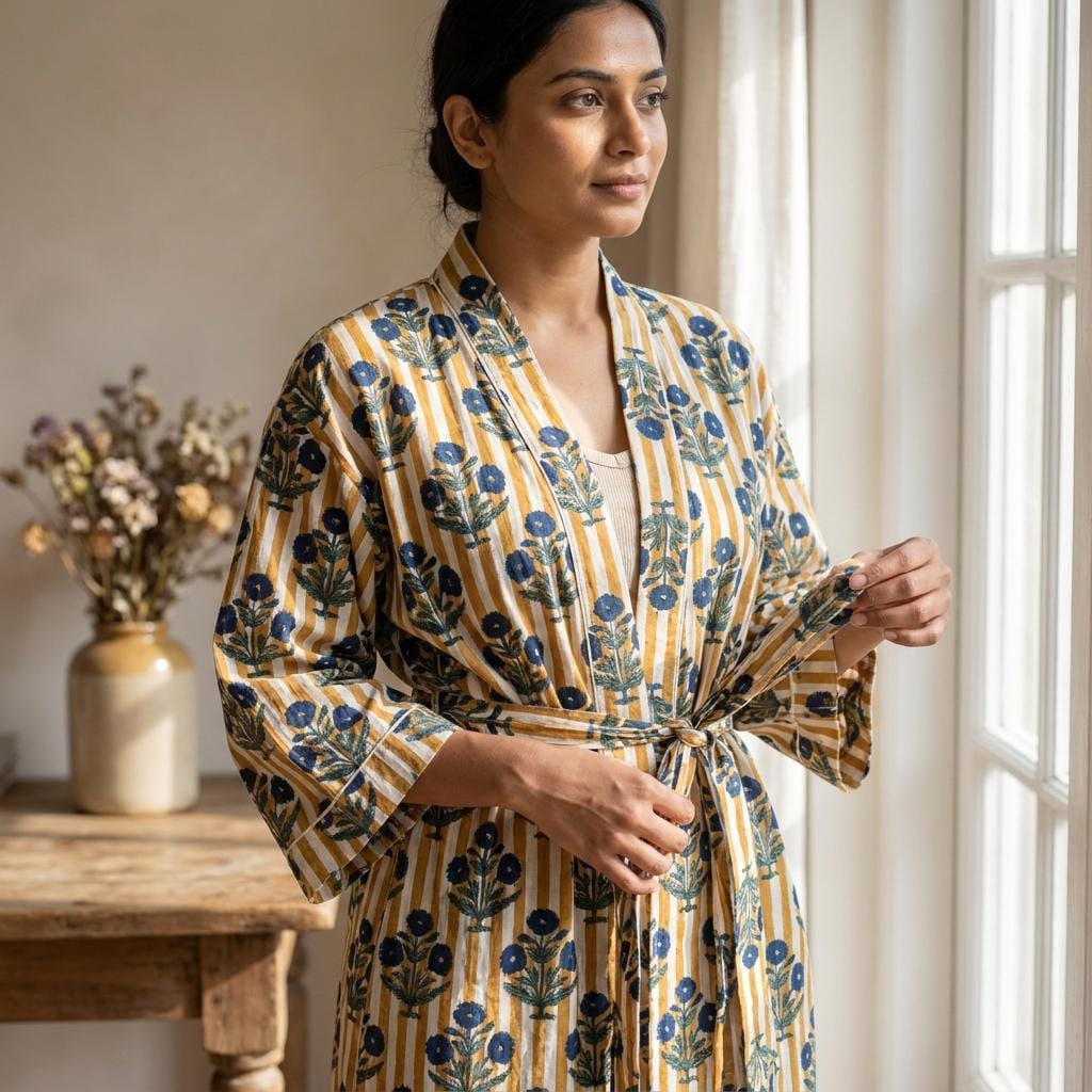 Women Mustard Yellow Cotton Kimono Robe Blue Floral Block Print Stripe Belted Lounge