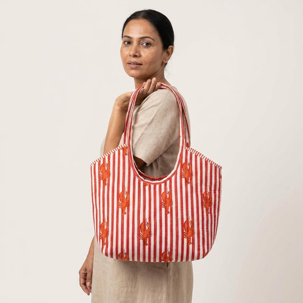 Quilted Red Striped Lobster Print Cotton Tote Bag Handmade Shoulder Beach Purse Gift Her