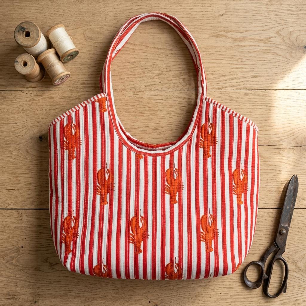 Quilted Red Striped Lobster Print Cotton Tote Bag Handmade Shoulder Beach Purse Gift Her