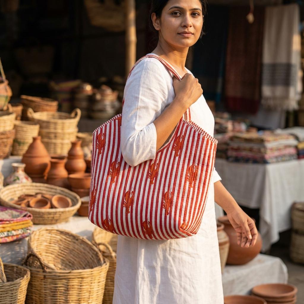 Quilted Red Striped Lobster Print Cotton Tote Bag Handmade Shoulder Beach Purse Gift Her