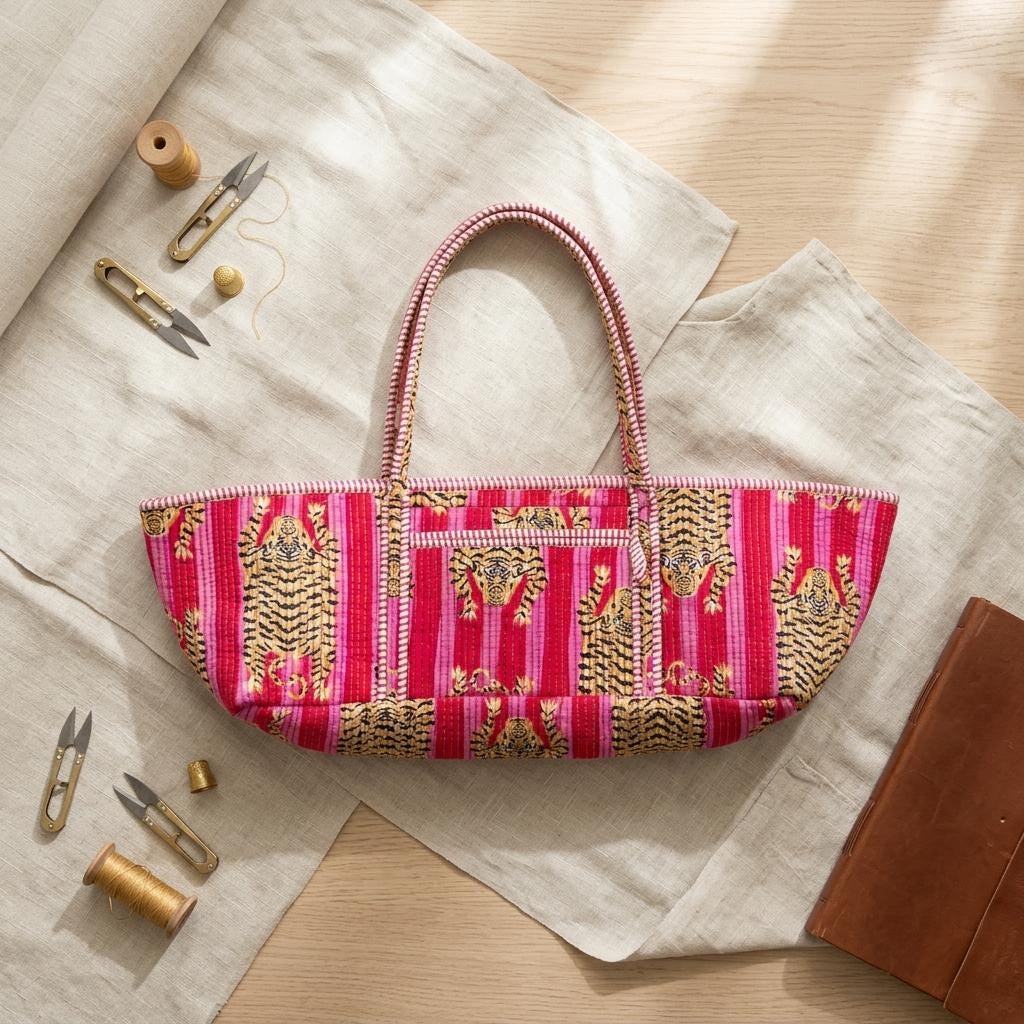 Quilted Pink Tiger Cotton Yoga Tote Bag Handmade Pilates Mat Carrier Gift For Her