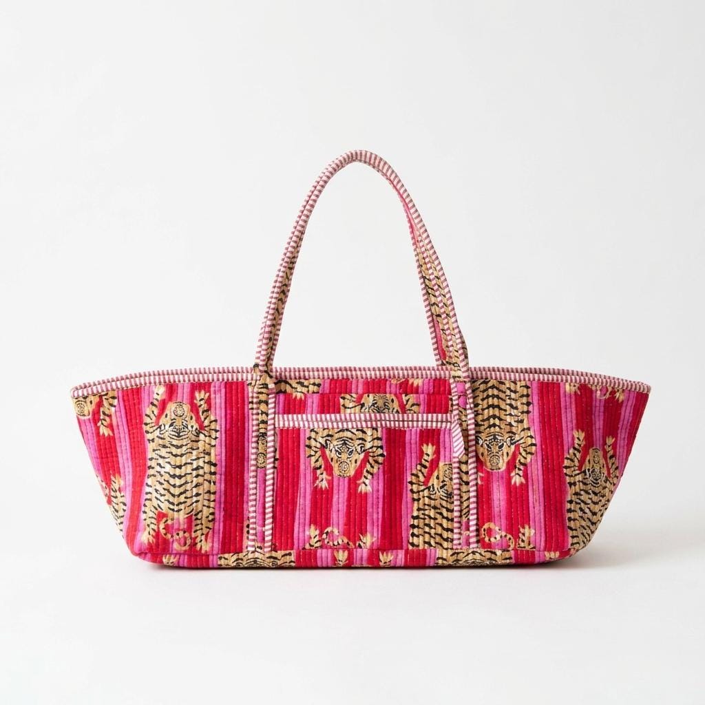 Quilted Pink Tiger Cotton Yoga Tote Bag Handmade Pilates Mat Carrier Gift For Her
