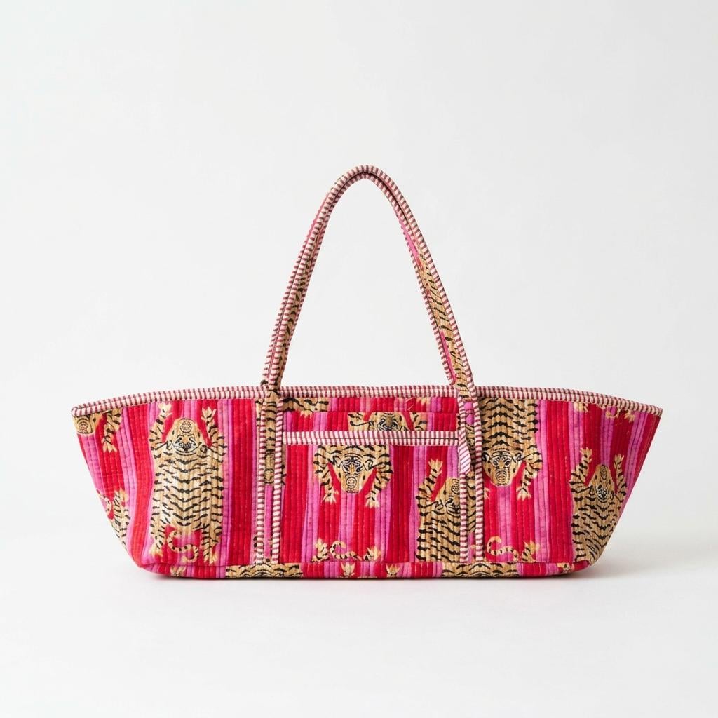 Quilted Pink Tiger Cotton Yoga Tote Bag Handmade Pilates Mat Carrier Gift For Her