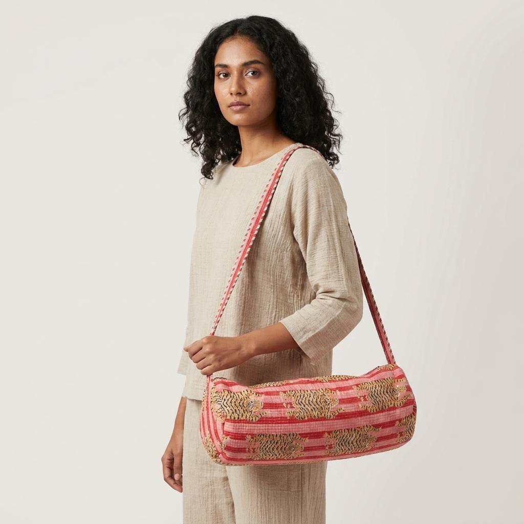 Tiger Print Quilted Yoga Bag, Handcrafted Cotton Travel Tote, Eco Friendly Gym Weekender