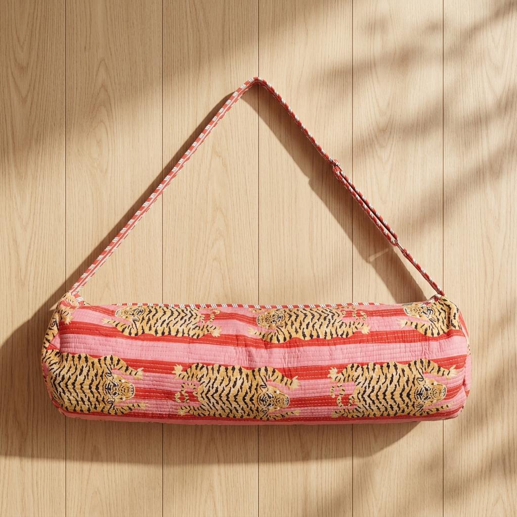 Tiger Print Quilted Yoga Bag, Handcrafted Cotton Travel Tote, Eco Friendly Gym Weekender