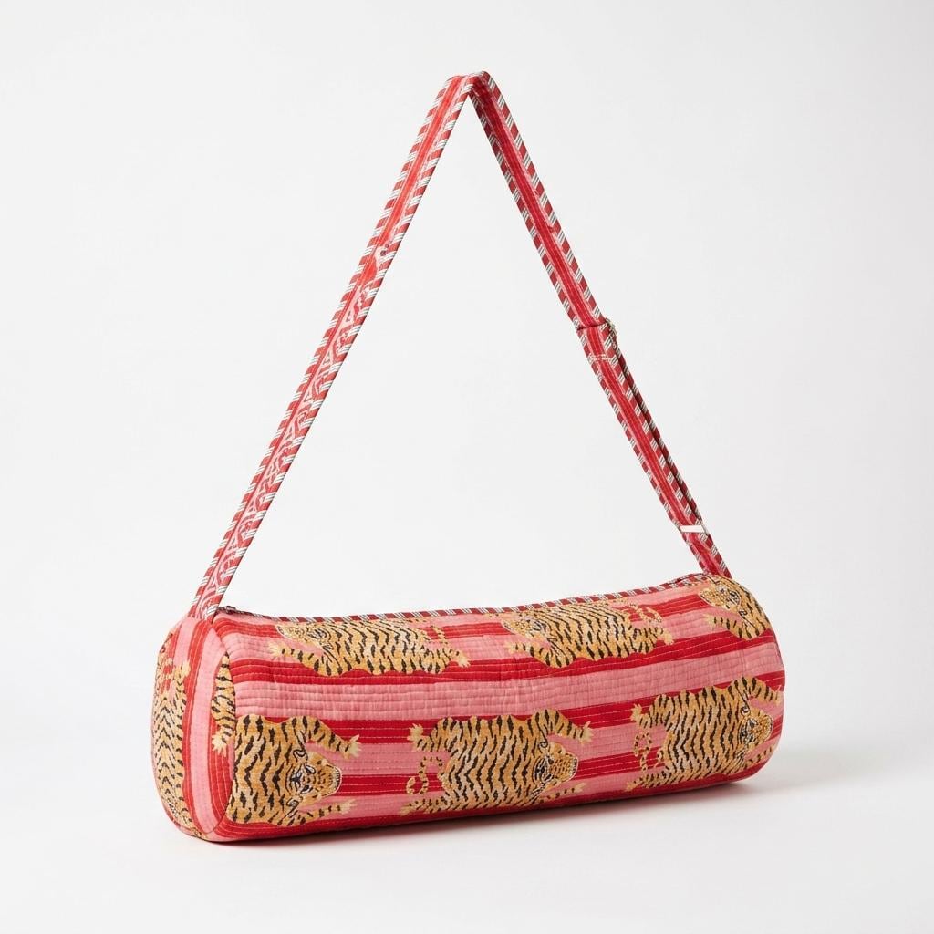 Tiger Print Quilted Yoga Bag, Handcrafted Cotton Travel Tote, Eco Friendly Gym Weekender
