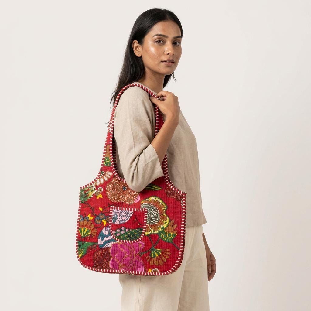 Floral Quilted Shoulder Bag, Handcrafted Cotton Tote, Vibrant Red Kantha Stitch Shopping Purse
